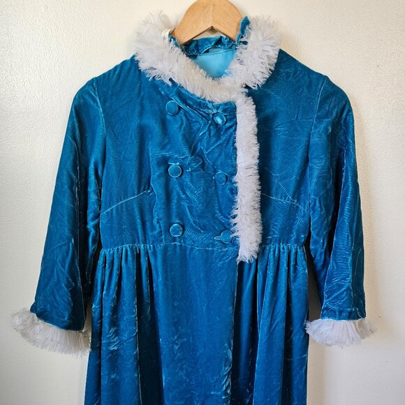 Vintage 60s Mod Blue Velvet Empire Waist Winter Ice Jacket Coat Faux Fur XS - Picture 2 of 10